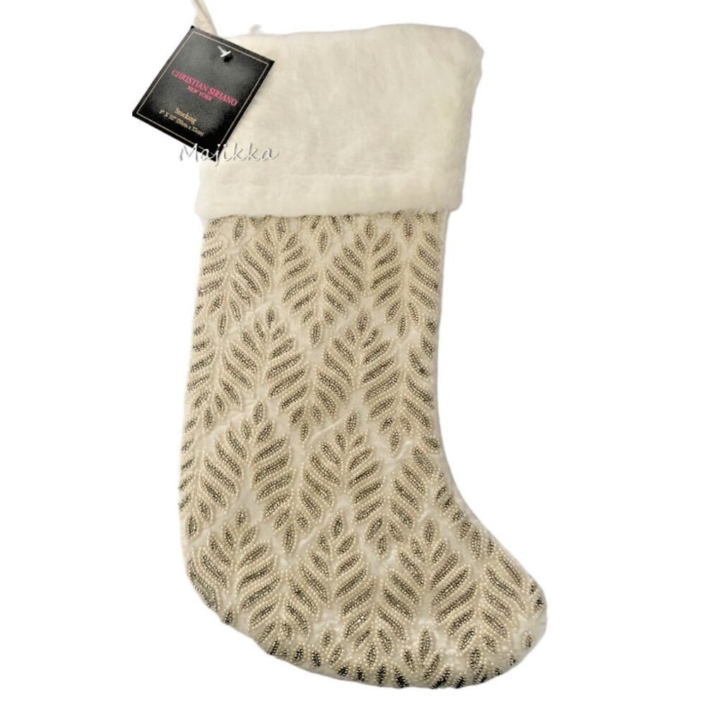 Christian Siriano Christmas Stocking 22" Gold White Beaded Front Pearls Faux Fur